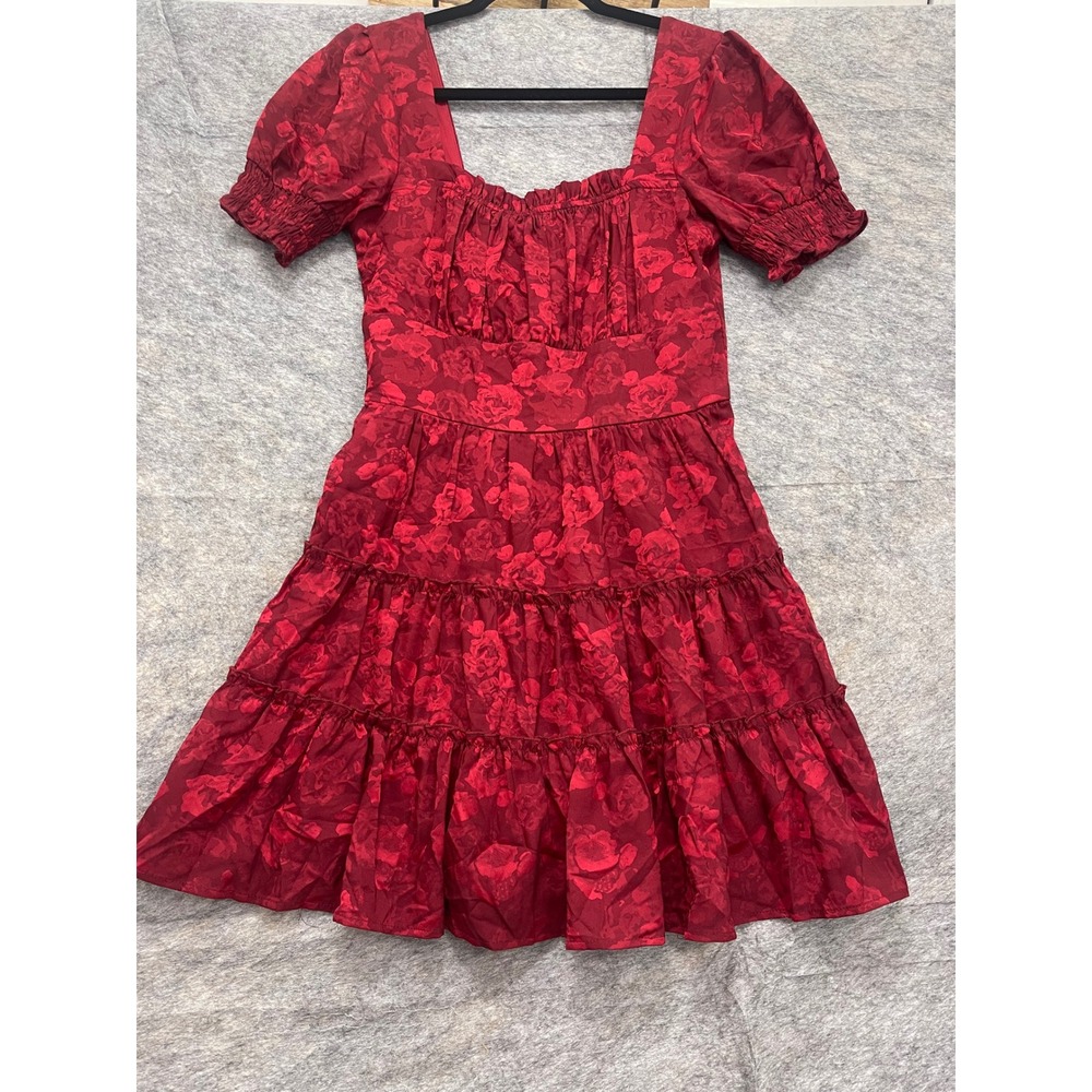 Altar'd State Burgundy Red Floral Jacquard Smocked Tiered Mini Dress Womens M - Picture 2 of 11